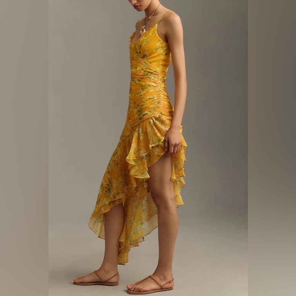 Ieena Mac Duggal Floral Ruffle Asymmetrical Hi Low Hem Dress